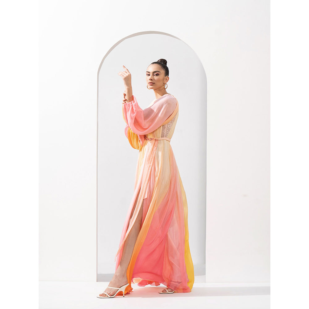 MANDIRA WIRK Multi-Color Chiffon Dress Slit & Hand Embroidered Belt with Chantley (Set of 2)