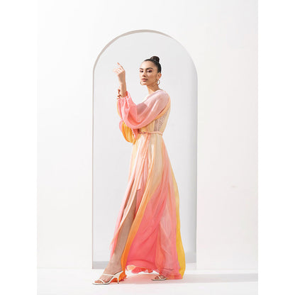 MANDIRA WIRK Multi-Color Chiffon Dress Slit & Hand Embroidered Belt with Chantley (Set of 2)