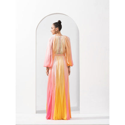 MANDIRA WIRK Multi-Color Chiffon Dress Slit & Hand Embroidered Belt with Chantley (Set of 2)