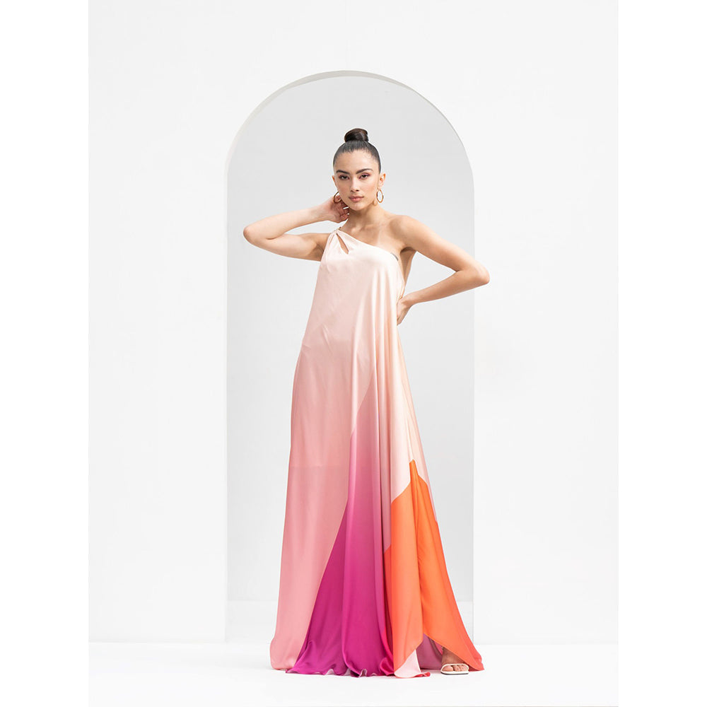 MANDIRA WIRK One Shoulder Kaftan Made Lustrous Satin & Gold Accessory Detailing
