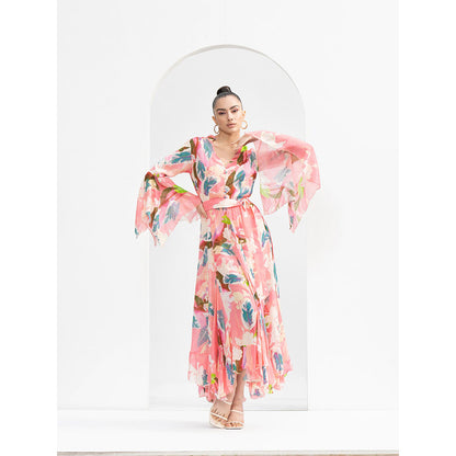 MANDIRA WIRK Peach Tropical Chiffon Dress with Godets & Ruffled Details On Neckline