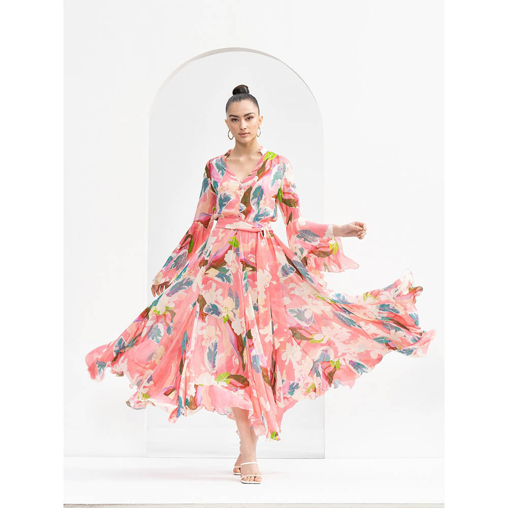 MANDIRA WIRK Peach Tropical Chiffon Dress with Godets & Ruffled Details On Neckline