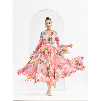 MANDIRA WIRK Peach Tropical Chiffon Dress with Godets & Ruffled Details On Neckline