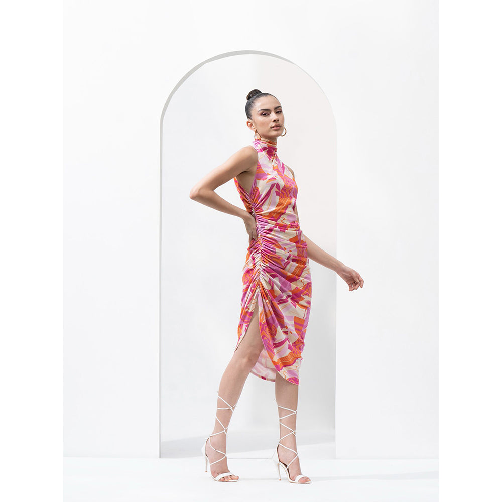 MANDIRA WIRK Pink Abstract Lycra Velvet Short Dress with Ruched Detailing