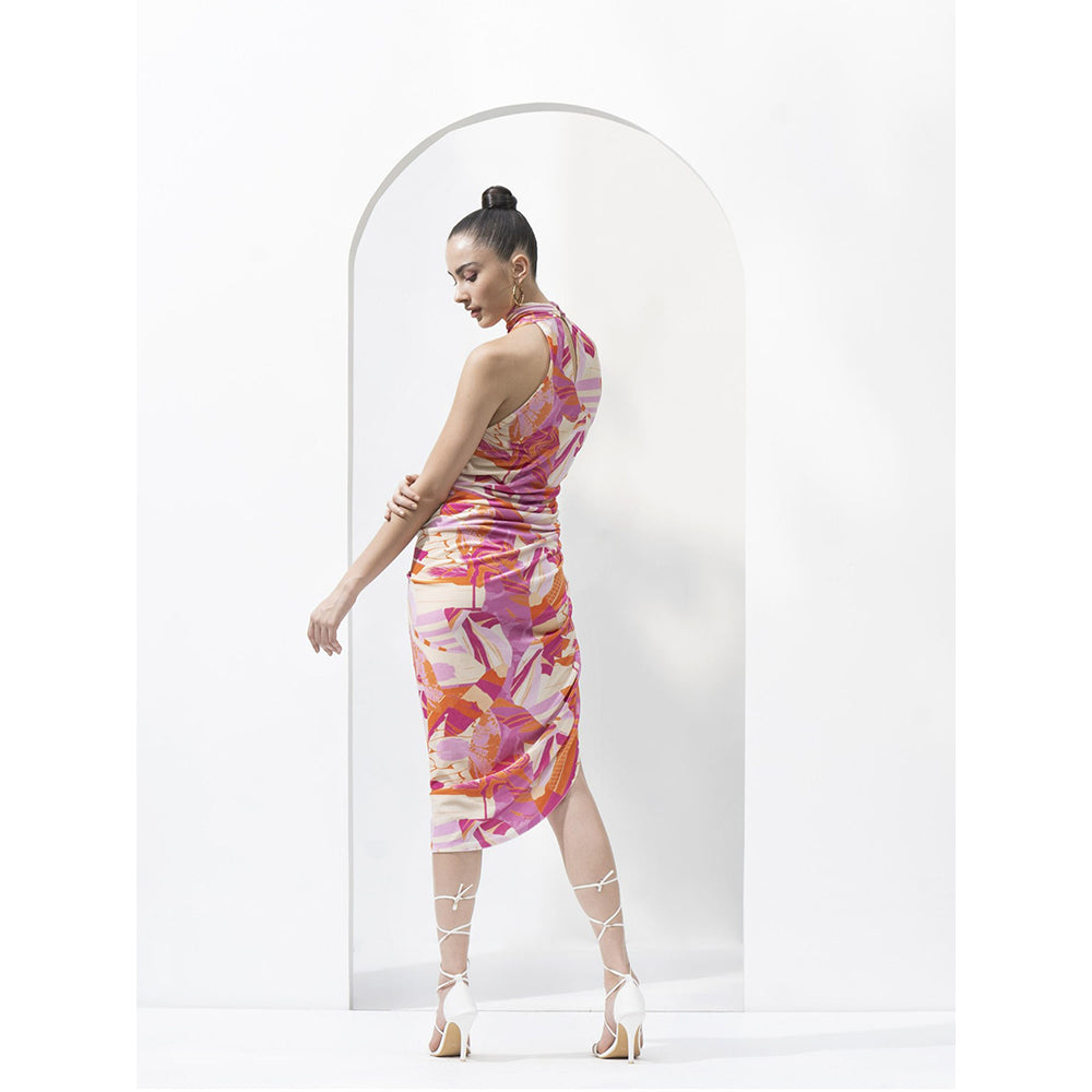 MANDIRA WIRK Pink Abstract Lycra Velvet Short Dress with Ruched Detailing