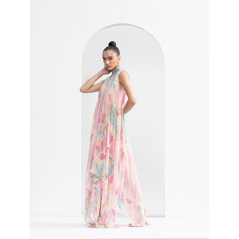 MANDIRA WIRK Gold Foil Tropical Chiffon High Low Dress with Hand Embroidered Collar