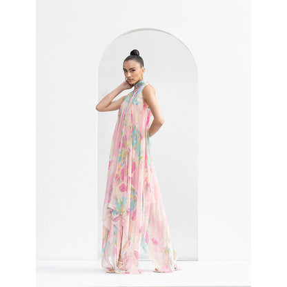 MANDIRA WIRK Gold Foil Tropical Chiffon High Low Dress with Hand Embroidered Collar