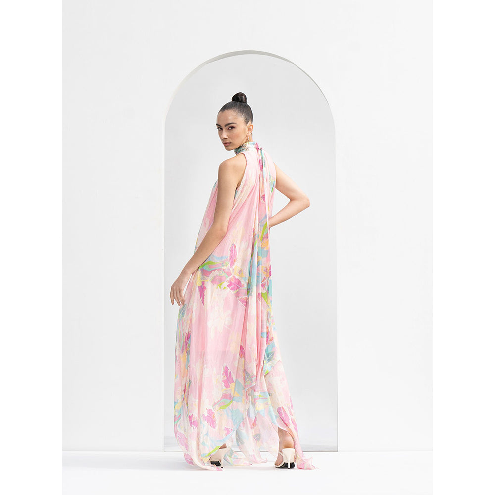 MANDIRA WIRK Gold Foil Tropical Chiffon High Low Dress with Hand Embroidered Collar