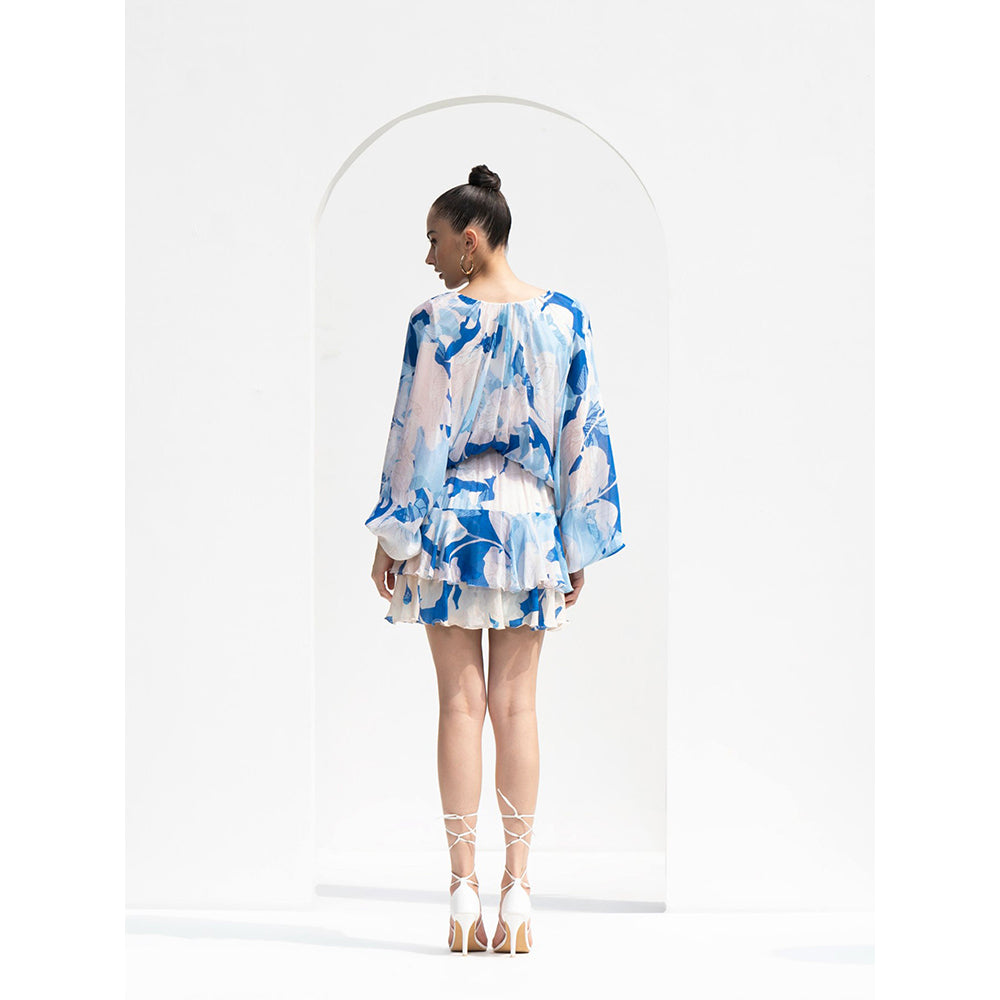 MANDIRA WIRK Mystic Blue Chiffon Short Dress with Gold Eyelet Detailing