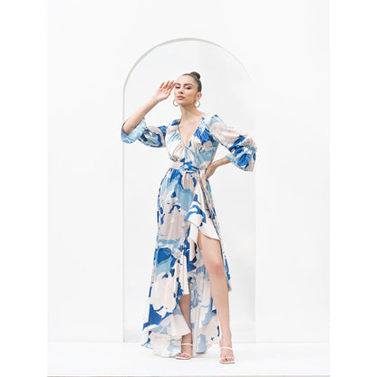 MANDIRA WIRK Mystic Blue Texture Dress with Asymmetric Hemline