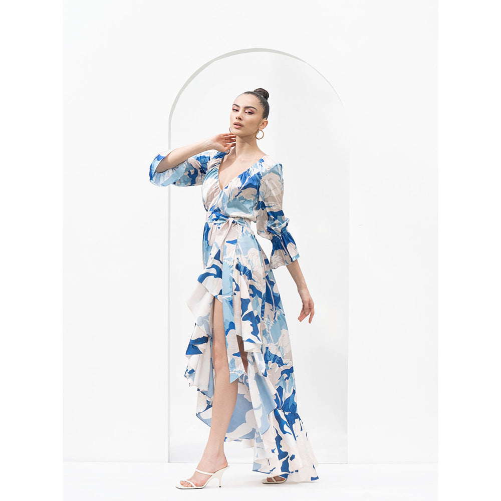 MANDIRA WIRK Mystic Blue Texture Dress with Asymmetric Hemline