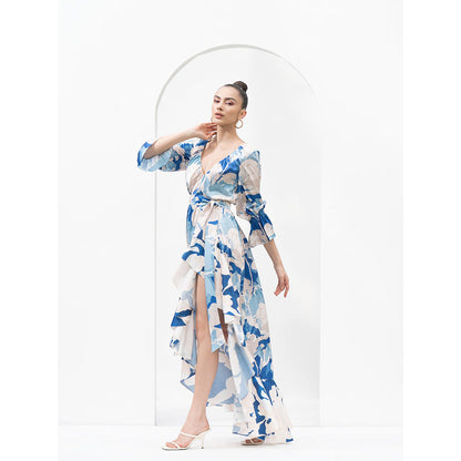 MANDIRA WIRK Mystic Blue Texture Dress with Asymmetric Hemline