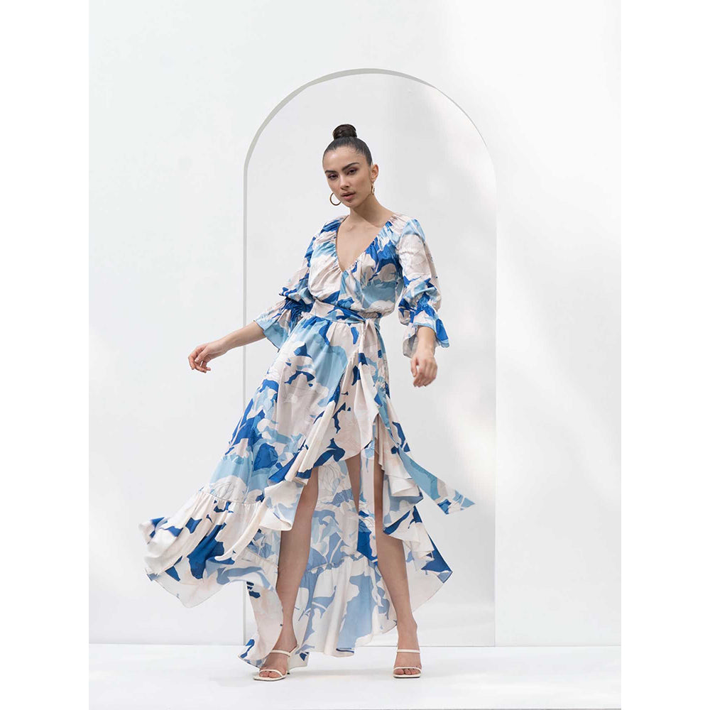 MANDIRA WIRK Mystic Blue Texture Dress with Asymmetric Hemline