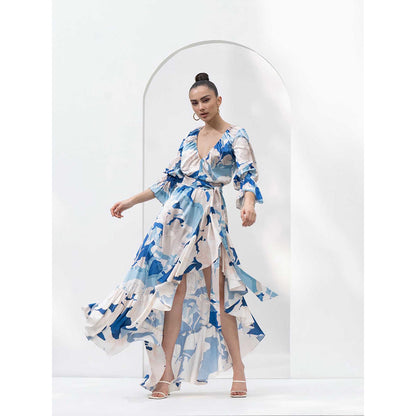 MANDIRA WIRK Mystic Blue Texture Dress with Asymmetric Hemline