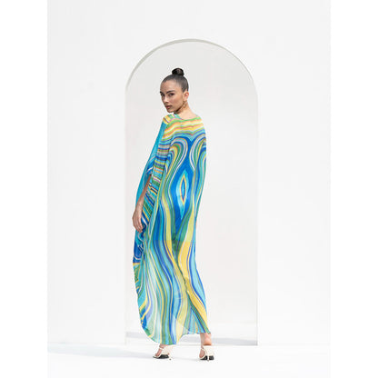 MANDIRA WIRK Blue Marble Placement Chiffon Kaftan Dress Designed with High Low Hem