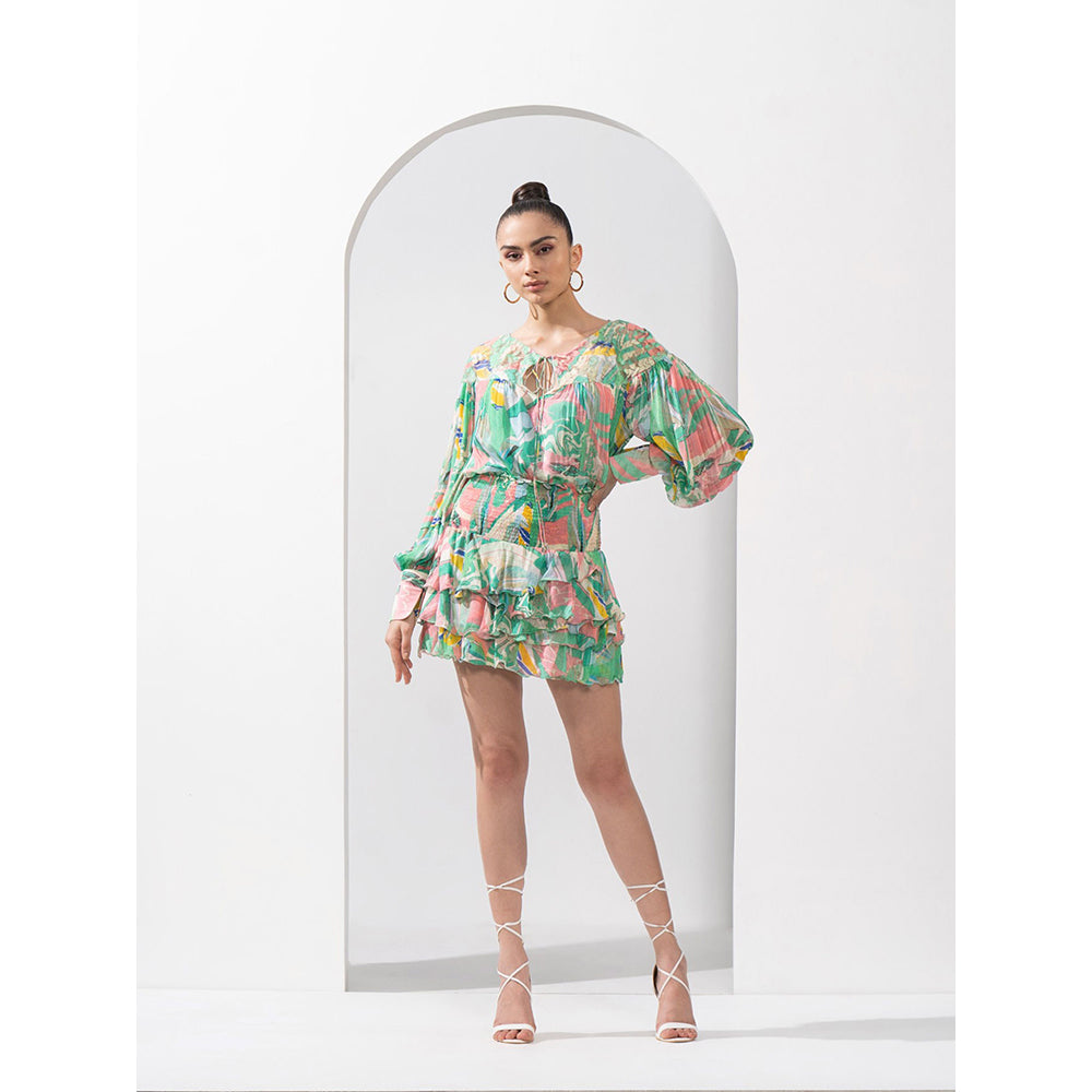 MANDIRA WIRK Mint & Pink Abstract Top & Skirt with Cutwork Chantley Detailing (Set of 2)