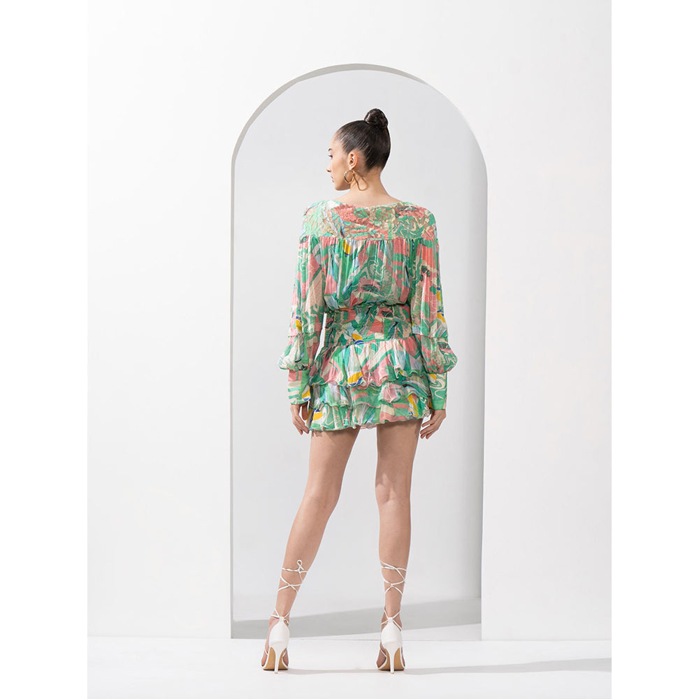 MANDIRA WIRK Mint & Pink Abstract Top & Skirt with Cutwork Chantley Detailing (Set of 2)
