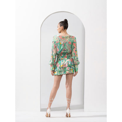 MANDIRA WIRK Mint & Pink Abstract Top & Skirt with Cutwork Chantley Detailing (Set of 2)