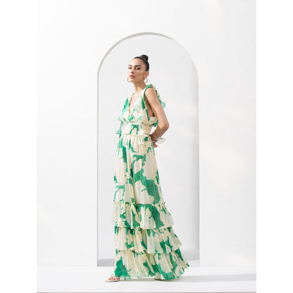 MANDIRA WIRK Bling Texture Chiffon Tiered Dress with Smocking Detail On Waistline