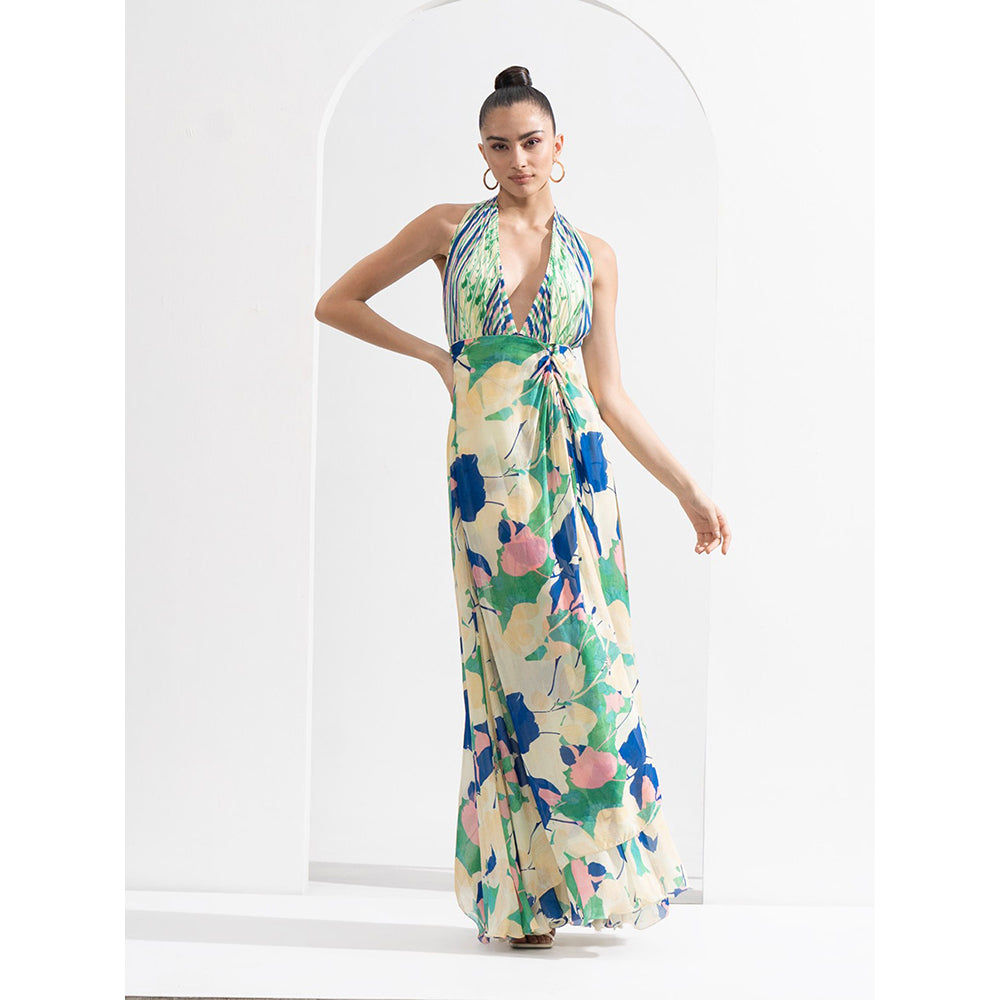 MANDIRA WIRK Chiffon Placement Draped Halter Neck Dress with Silver Accessory