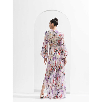 MANDIRA WIRK Purple Orchid Georgette Lurex & Chiffon Dress Side Cutouts & Silver Accessory
