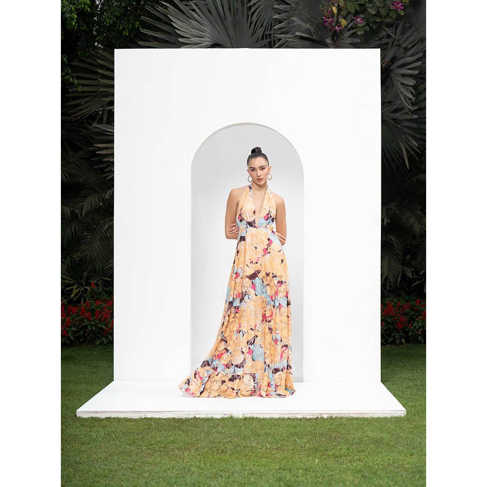 MANDIRA WIRK Mystic Beige Long Dress Made From Cutwork Chantley with Halter Neckline