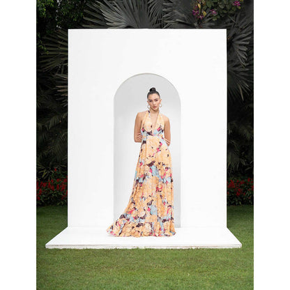MANDIRA WIRK Mystic Beige Long Dress Made From Cutwork Chantley with Halter Neckline