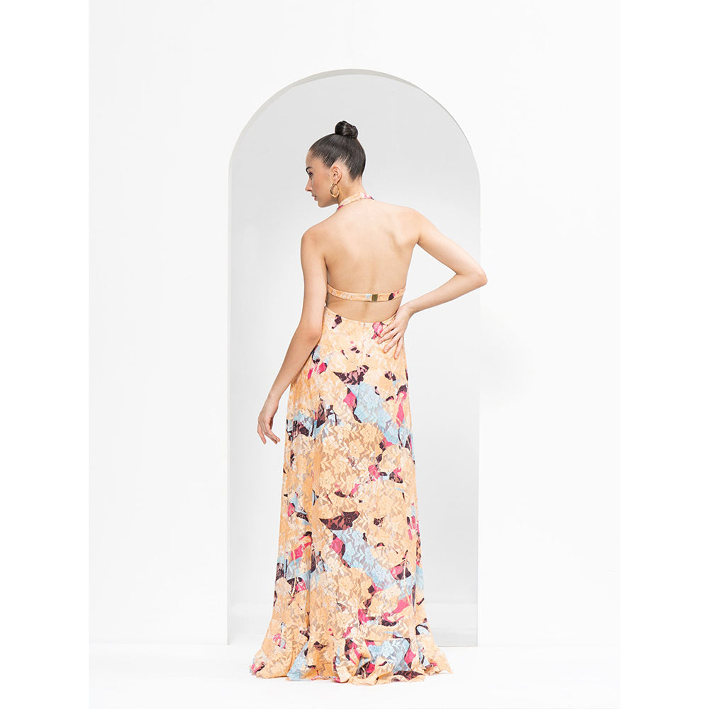 MANDIRA WIRK Mystic Beige Long Dress Made From Cutwork Chantley with Halter Neckline