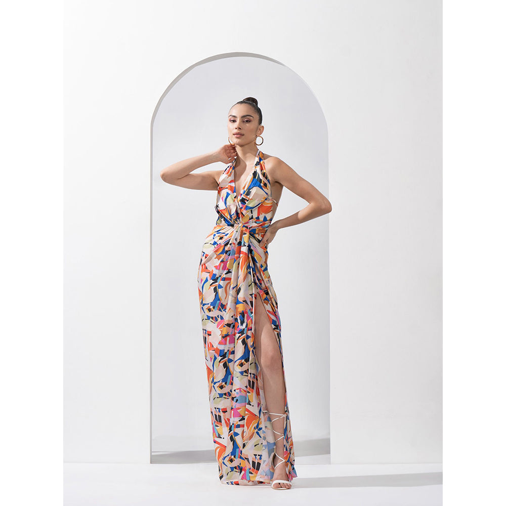 MANDIRA WIRK Abstract Geo Draped Halter Neck Dress Made with Lustrous Satin