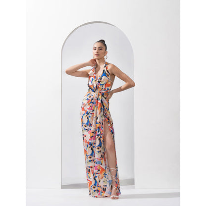 MANDIRA WIRK Abstract Geo Draped Halter Neck Dress Made with Lustrous Satin