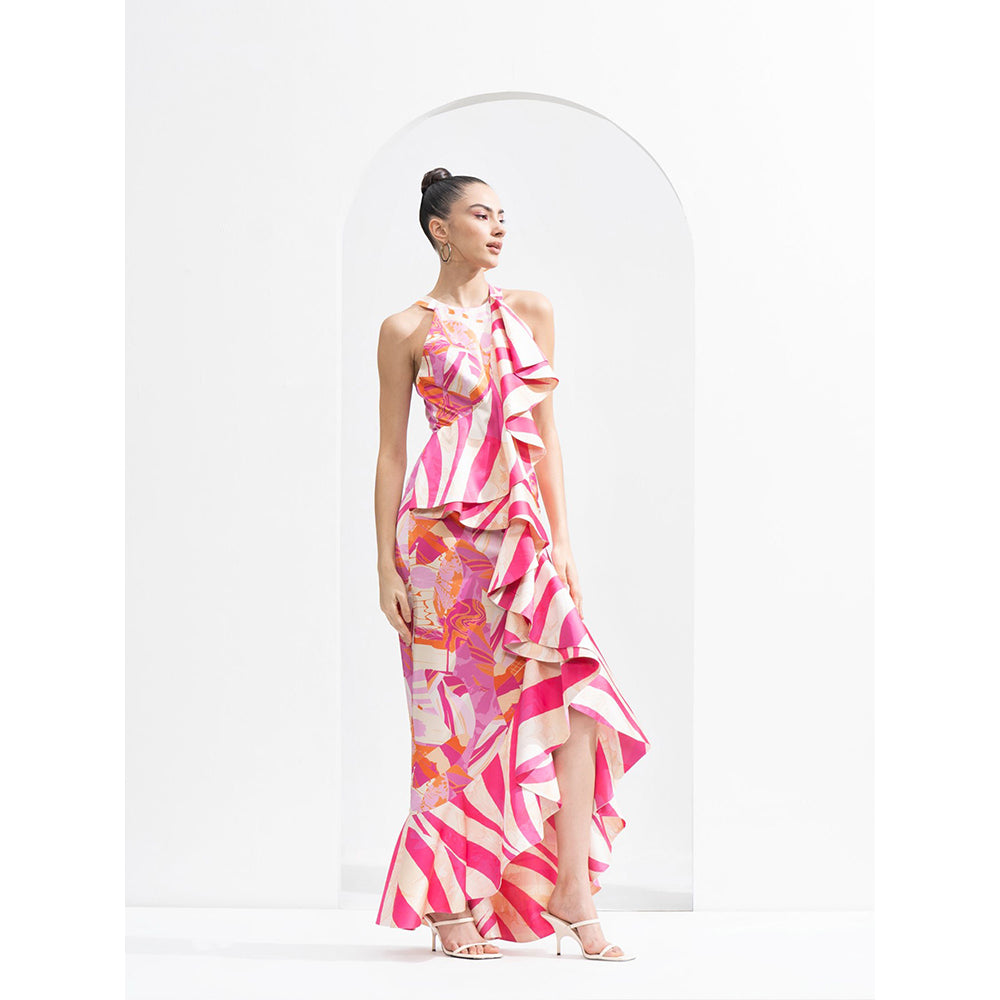 MANDIRA WIRK Pink Abstract Lustrous Satin Bodycon Dress with Asymmetric Frill & Gold Accessory