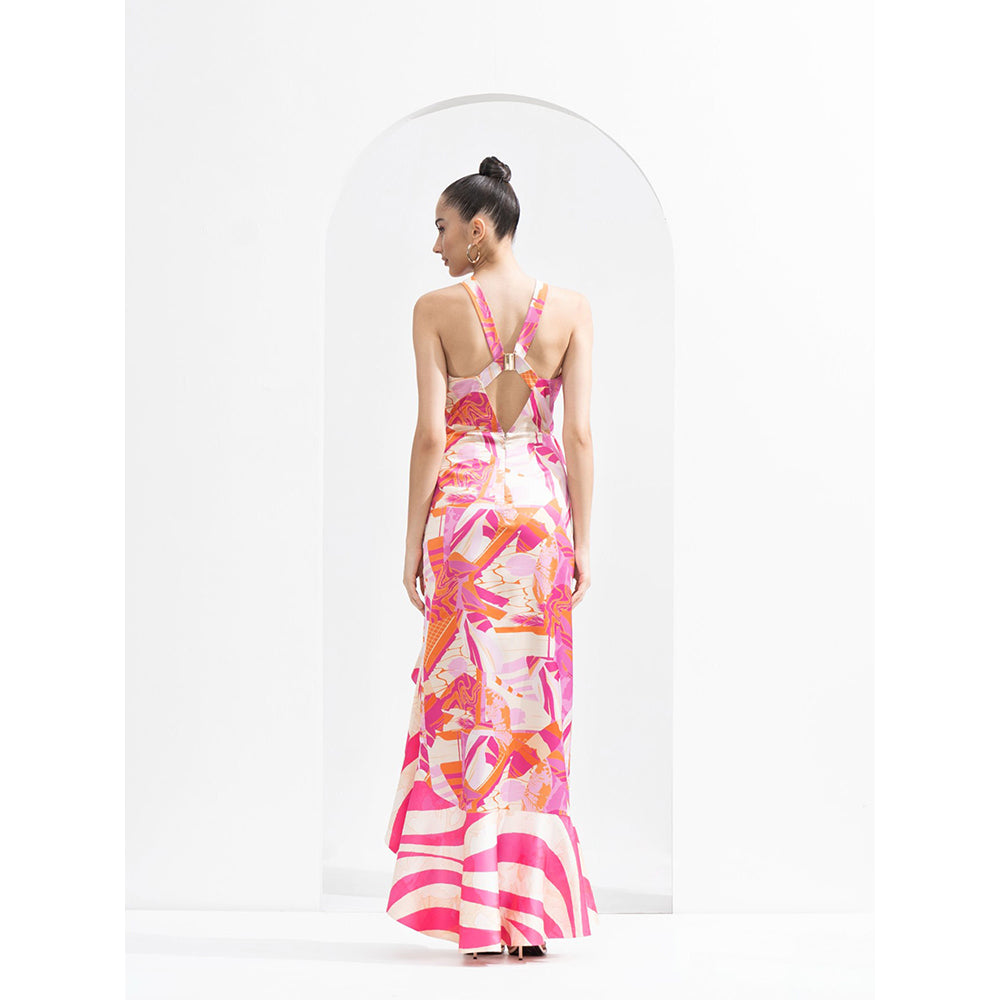 MANDIRA WIRK Pink Abstract Lustrous Satin Bodycon Dress with Asymmetric Frill & Gold Accessory
