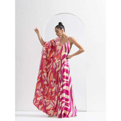 MANDIRA WIRK Fuchsia Print Blocked Kaftan Dress Made From Lustrous Satin with Deep Back