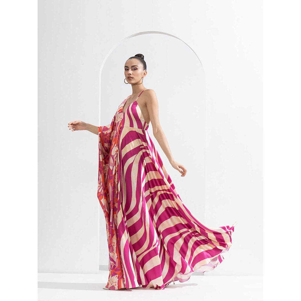 MANDIRA WIRK Fuchsia Print Blocked Kaftan Dress Made From Lustrous Satin with Deep Back