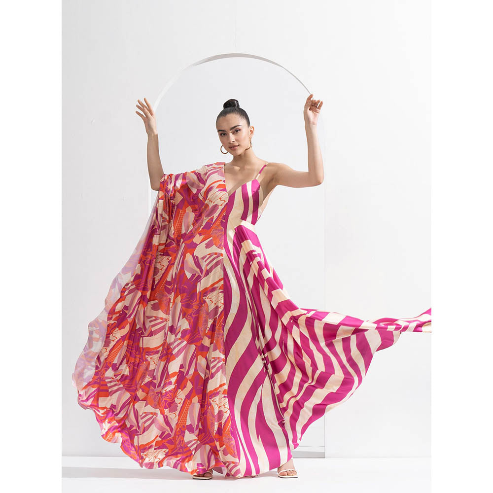 MANDIRA WIRK Fuchsia Print Blocked Kaftan Dress Made From Lustrous Satin with Deep Back