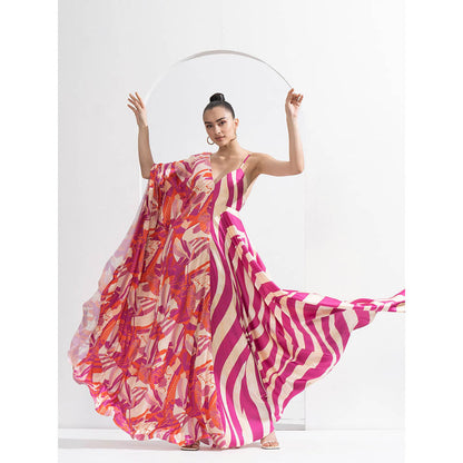 MANDIRA WIRK Fuchsia Print Blocked Kaftan Dress Made From Lustrous Satin with Deep Back