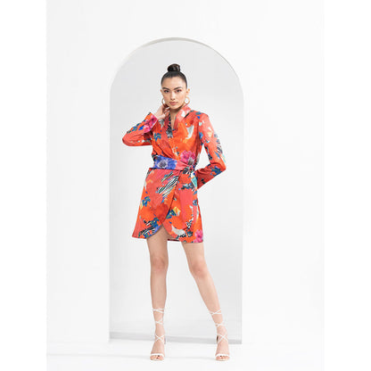 MANDIRA WIRK Red Garden Lustrous Satin Wrapped Blazer Dress