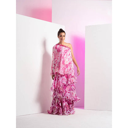 MANDIRA WIRK Faded Pink Tie & Dye Off-Shoulder Four Layered Maxi Dress