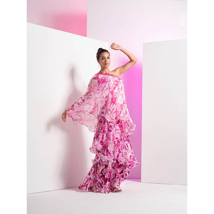 MANDIRA WIRK Faded Pink Tie & Dye Off-Shoulder Four Layered Maxi Dress