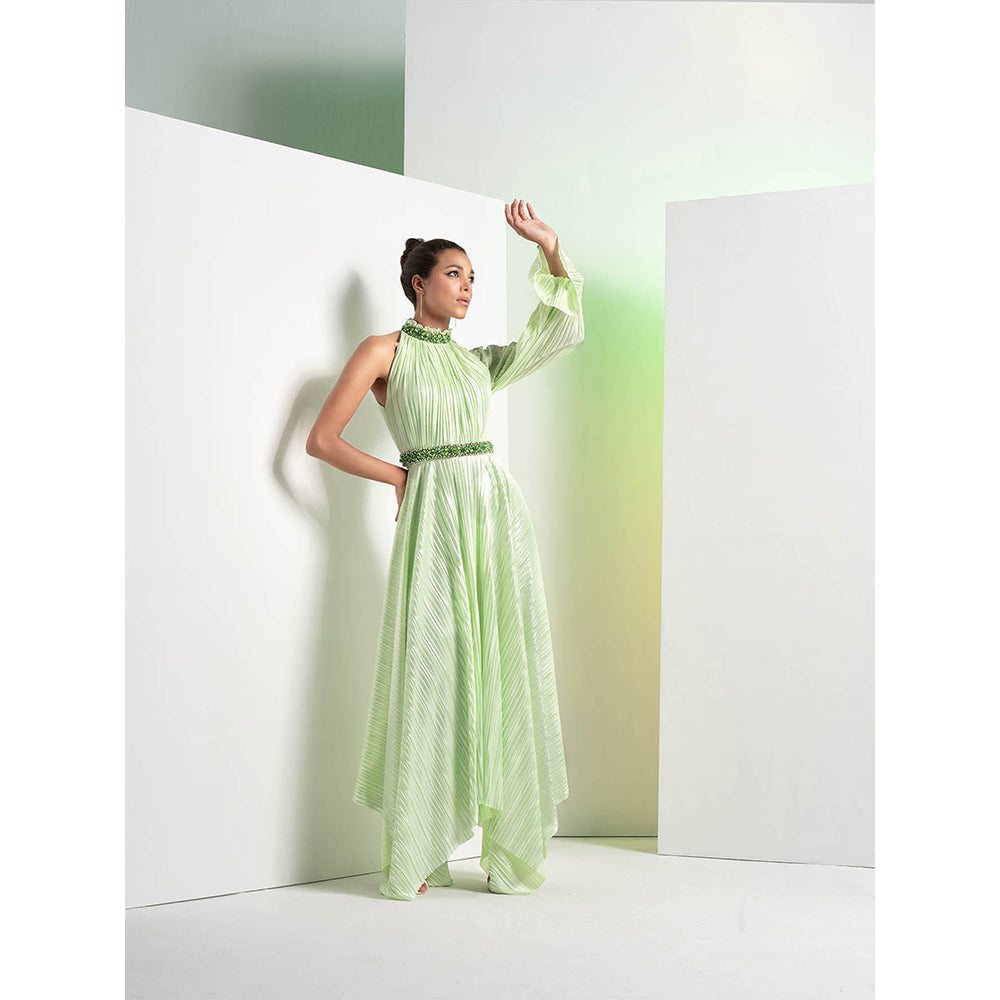 MANDIRA WIRK Mint Green Embroidered Heat Pleat Asymmetrical Dress with Belt (Set of 2)