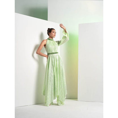 MANDIRA WIRK Mint Green Embroidered Heat Pleat Asymmetrical Dress with Belt (Set of 2)