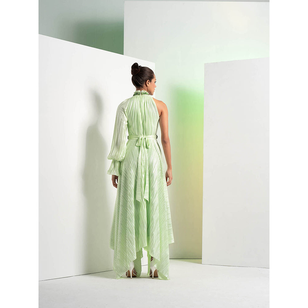 MANDIRA WIRK Mint Green Embroidered Heat Pleat Asymmetrical Dress with Belt (Set of 2)