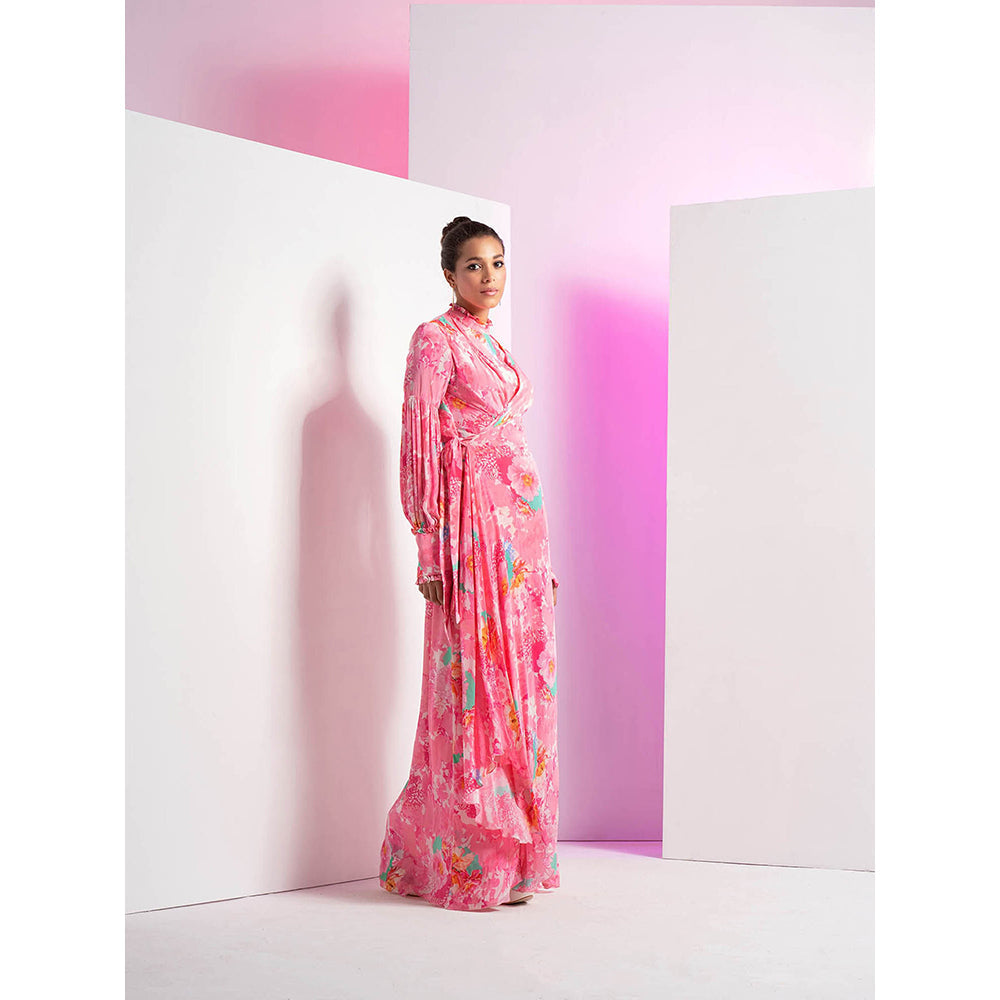MANDIRA WIRK Lush Pink Printed Front Wrap Cowl Asymmetrical Maxi Dress