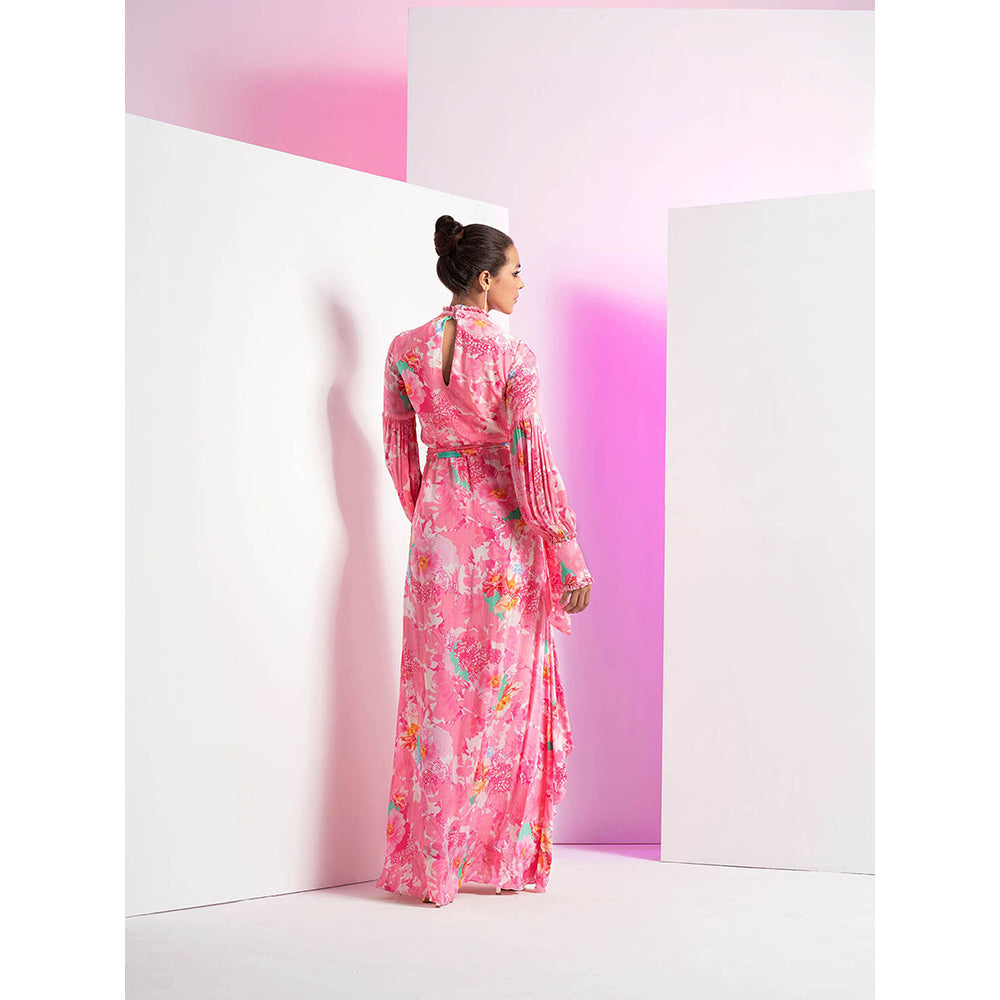 MANDIRA WIRK Lush Pink Printed Front Wrap Cowl Asymmetrical Maxi Dress