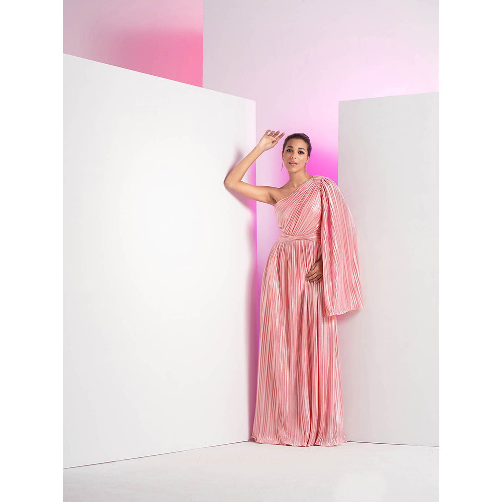 MANDIRA WIRK Flamingo Pink One Side Shoulder Heat Self Design Maxi Dress