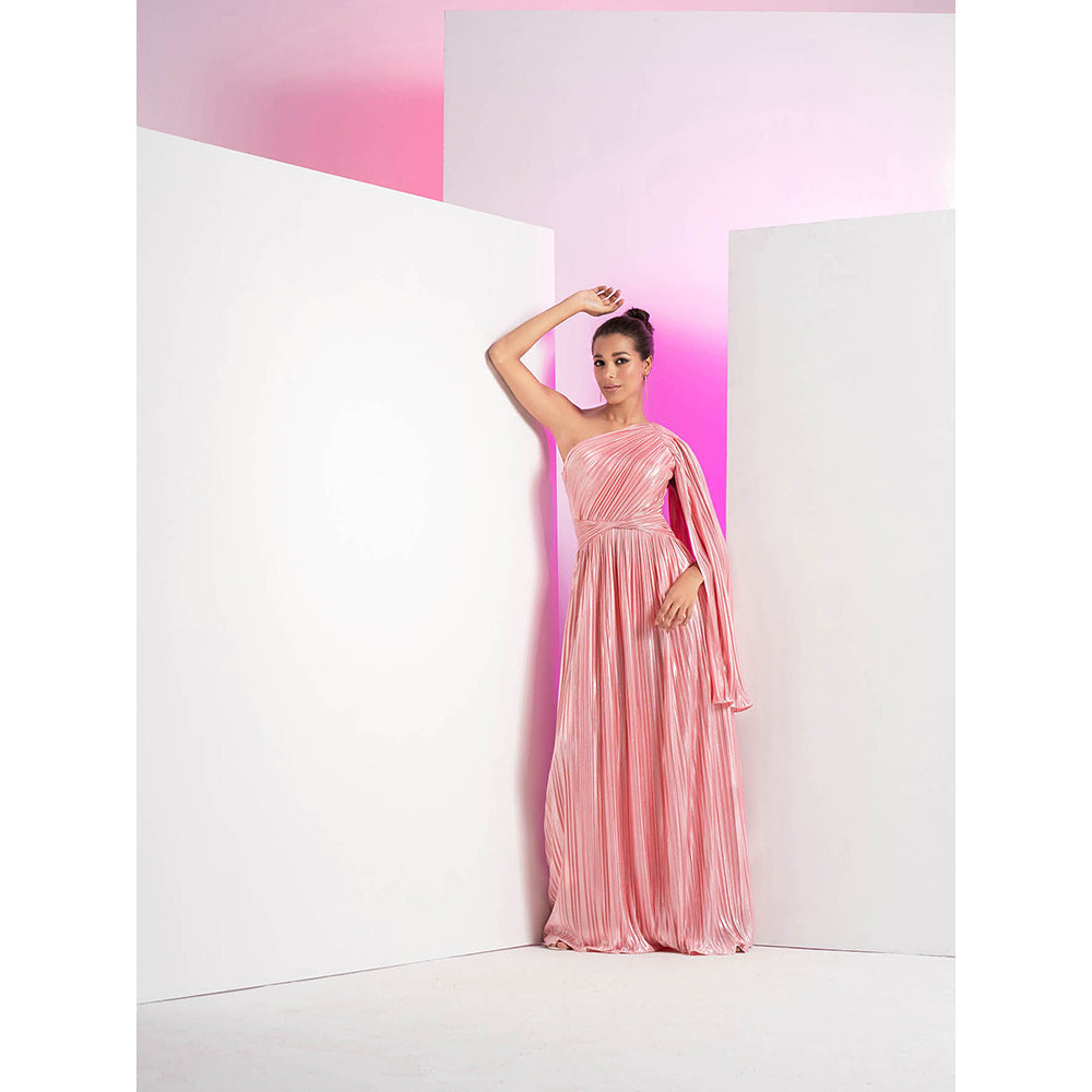 MANDIRA WIRK Flamingo Pink One Side Shoulder Heat Self Design Maxi Dress