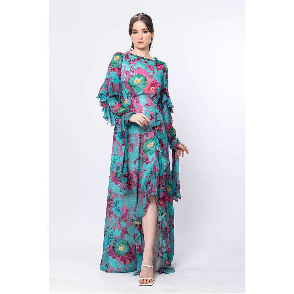 MANDIRA WIRK Forest Biome Boat Neck Tie Up Embroidered Sleeve Dress with Frill Detail