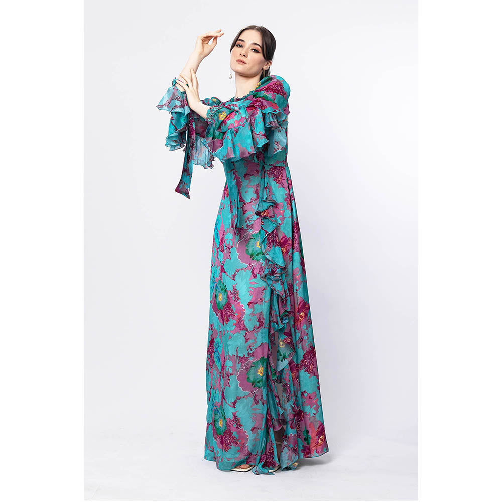MANDIRA WIRK Forest Biome Boat Neck Tie Up Embroidered Sleeve Dress with Frill Detail