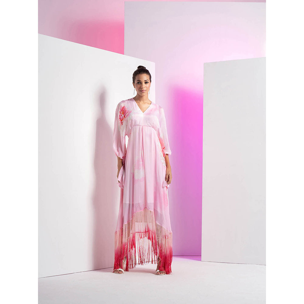 MANDIRA WIRK Pink Flutter Kimono Sleeve Asymmetrical Floral Maxi Dress