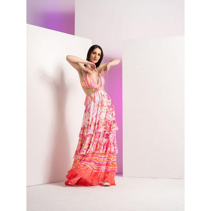 MANDIRA WIRK Pink Fancy Fusion Full Length Dress with Stylized Chain At Waist and Tie Up Back